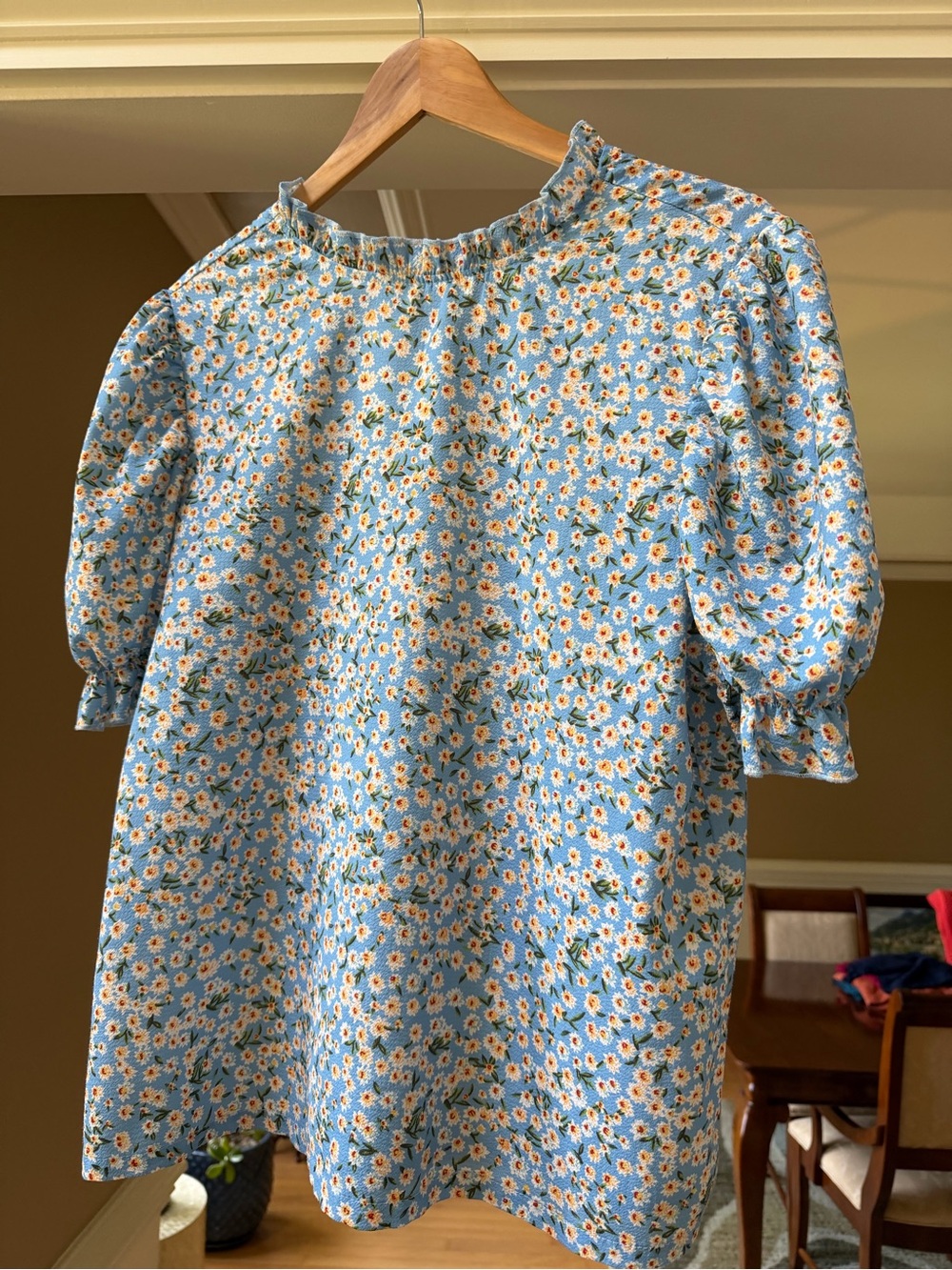 Blue Floral Ruffle Neck Blouse